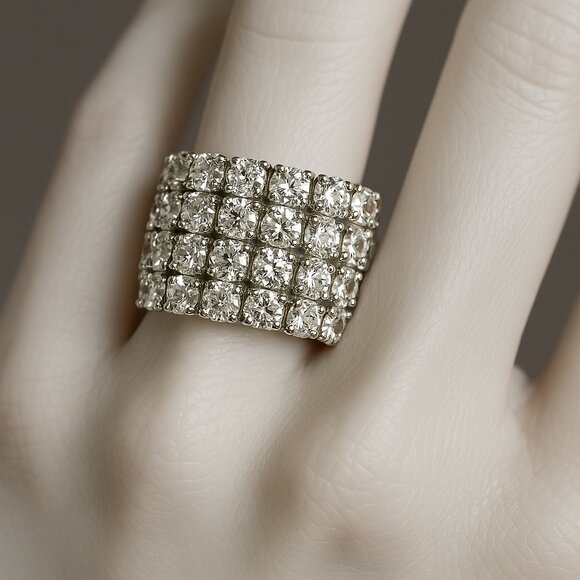 Silver Stretch Ring with Clear Rhinestones – Glamorous Wide Band Bling Jewelry - Picture 2 of 11